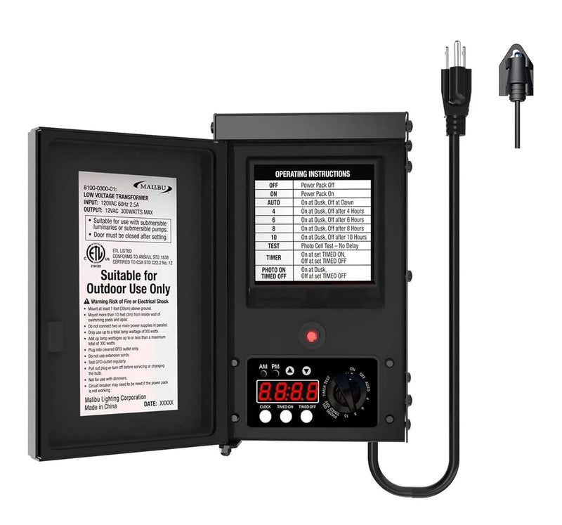 600W low-voltage transformer, outdoor landscape lighting transformer, 120V AC to 12V AC conversion, equipped with sensor and rain cover, suitable for garden LED lighting, spotlights, sidewalk lights S5