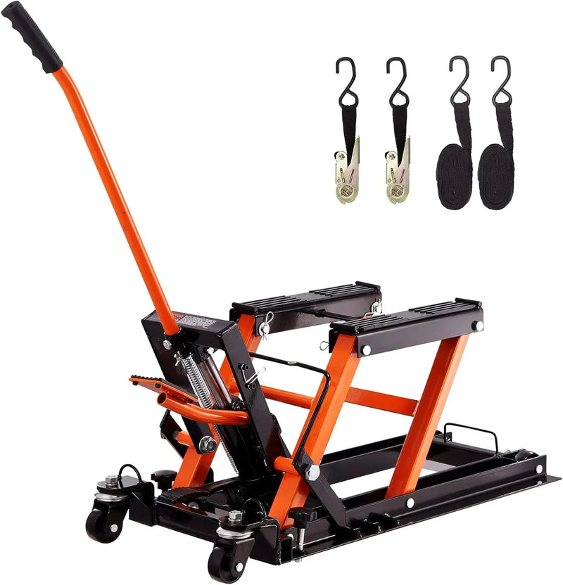 Hydraulic Motorcycle Lift Jack 1500 LBS Capacity ATV Scissor Lift Jack Portable Motorcycle Lift Table with 4 Wheels Hydraulic Foot-Operated Hoist Stand for Motorcycle ATV UTV Powersports Q5