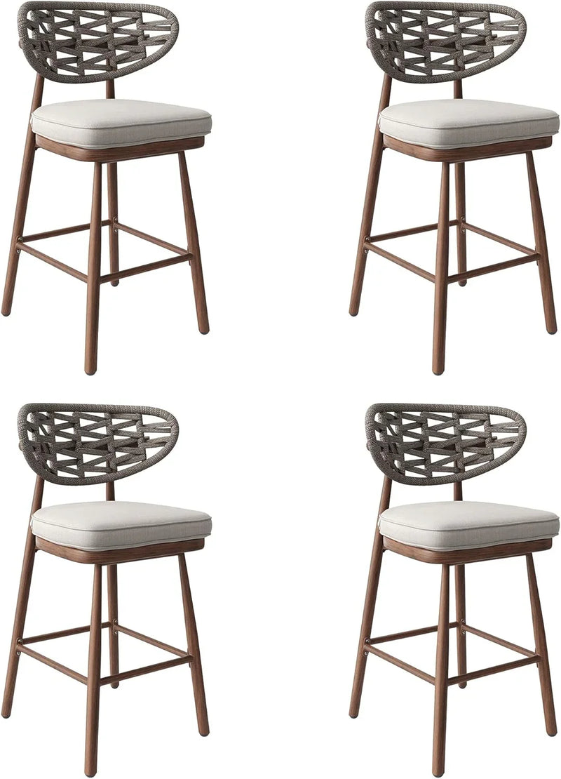 Outdoor Bar Stools Set of 2,Rattan Barstools Woven,29'' Bar Height Stools with Backrest and Teak Leg,Aluminum Bar Chairs Boho Bar Stool with Cushions,Tall Barstool for Patio,Teak S4