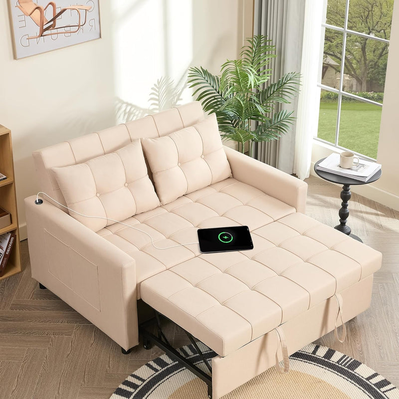 52" Sleeper Sofa with Pull-Out Bed, 3-in-1 Convertible Sofa Bed, Loveseat with Adjustable Backrest and Side Pocket, for Living Room Apartment, Linen, Dark Grey O1