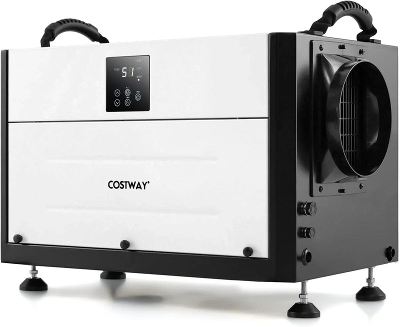 Commercial dehumidifier, suitable for 1300 square feet of basements, storage areas or work sites, equipped with a 9.8-foot drainage pipe and a wired remote control panel, white model. D2