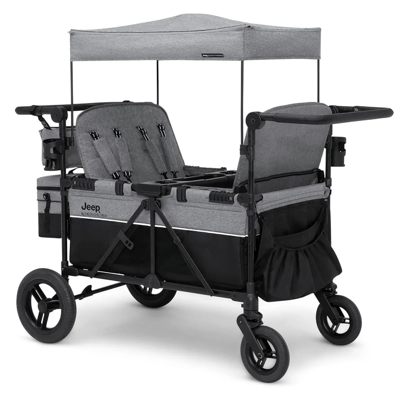 Luxurious 4-seater children's stroller - A high-end 4-seater children's stroller specially designed for 4 children, equipped with convertible seats, adjustable push-pull handles, detachable sunshade, and flat folding device. The color is grey. Q8