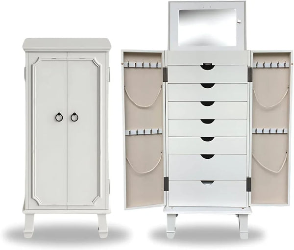 Hives and Honey Cabby Standing Jewelry Armoire – Fully Locking Wood Jewelry Storage with Mirror, 7 Drawers, Necklace Hooks, and Anti-Tarnish Lining — Turquoise X1