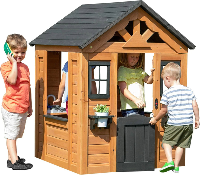 Children's playhouse cabin, equipped with a game kitchen, snack bar, half-door, toy phone, windows, flower pot stand and an operable doorbell, suitable for creative outdoor games. D2