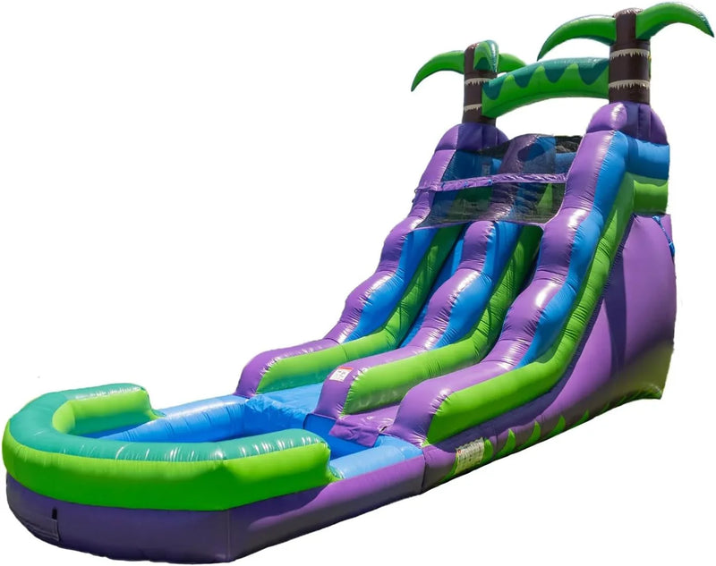 16’ Purple Tropical Lightweight Premium Commercial Grade Water Slide Inflatable with Attached Pool for Kids and Adults (with Blower), Wet Dry Use, Summer Fun U9