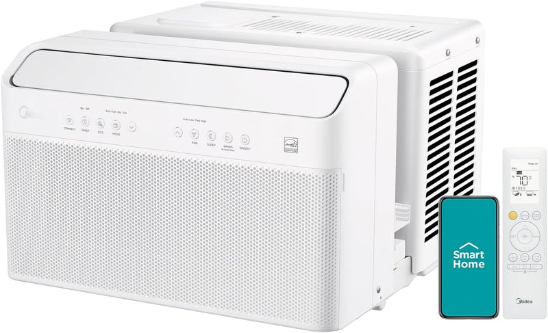 8,000 BTU U Shaped Smart Inverter Window Air Conditioner, Cools up to 350 Sq. Ft., Ultra Quiet with Open Window Flexibility, Works with Alexa/Google Assistant, 35% Energy Savings, Remote Control P6