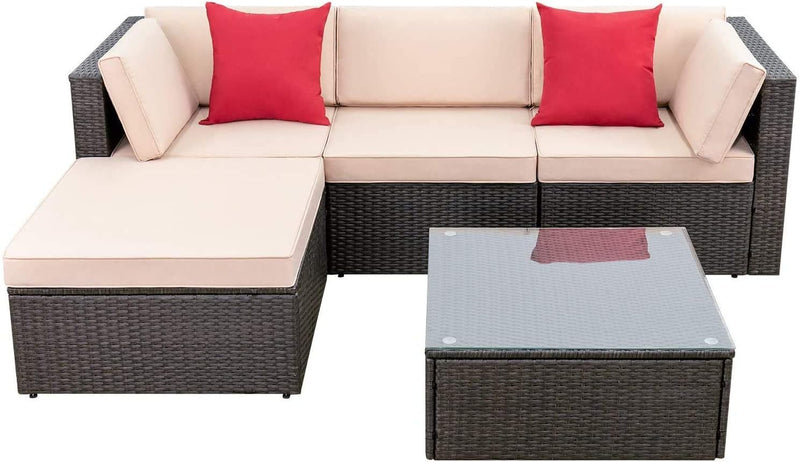 5 Pieces Patio Furniture Sets All Weather Outdoor Sectional Patio Sofa Manual Weaving Wicker Rattan Patio Seating Sofas with Cushion and Glass Table(Beige) B9