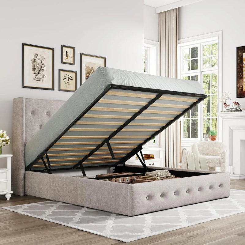 Queen Size Lift Up Storage Bed, Modern Wingback Headboard, Hydraulic Support, No Box Spring Needed, Light Beige N5