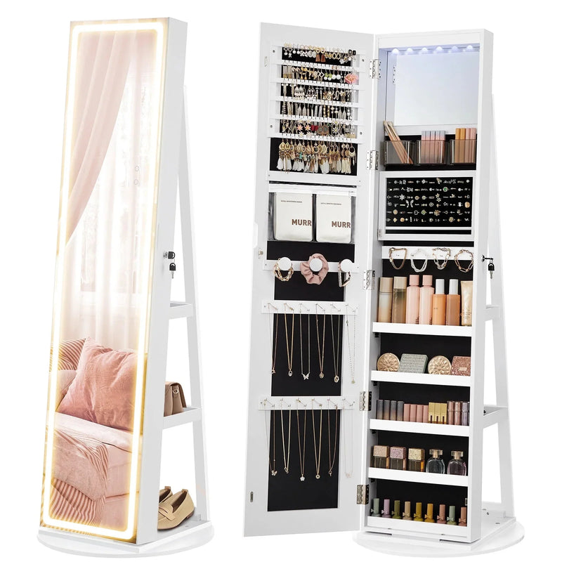LED Mirror Jewelry Cabinet Standing Jewelry Armoire Organizer Box with Full-Length Mirror and Adjustable LED Lights White Y3