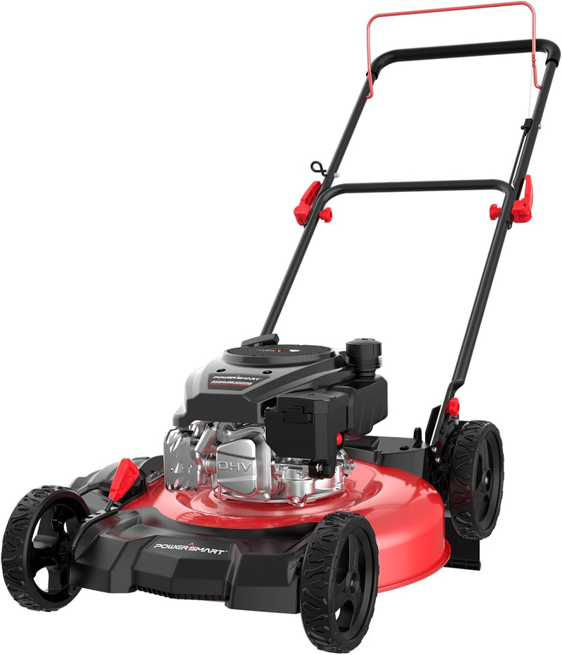 21-inch gas-powered lawn mower, equipped with a 144cc four-stroke all-terrain engine, featuring both crushing and side-discharge functions, with adjustable cutting height ranging from 6 positions. N1