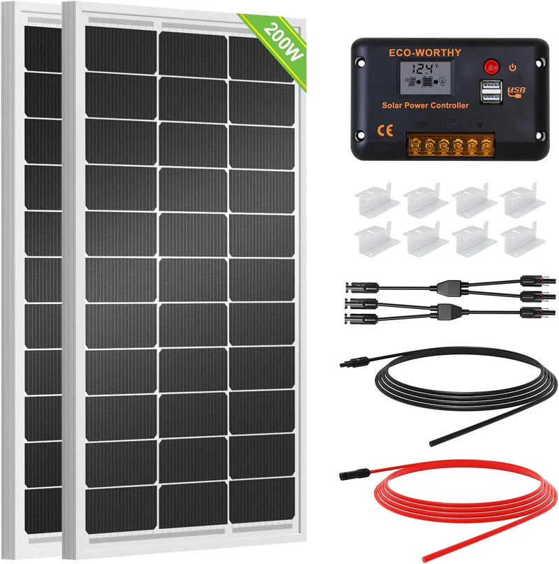 200 Watts 12 Volt/24 Volt Solar Panel Kit with High Efficiency Monocrystalline Solar Panel and 30A PWM Charge Controller for RV, Camper, Vehicle, Caravan and Other Off Grid Applications J8