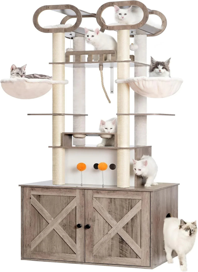 The Habori cat climbing frame with cat litter box storage box, a 76.8-inch wooden Menicos cat tower, equipped with a feeding station and a large platform, modern-style large cat apartment furniture, with a climbing column made of full Nisaal material I3