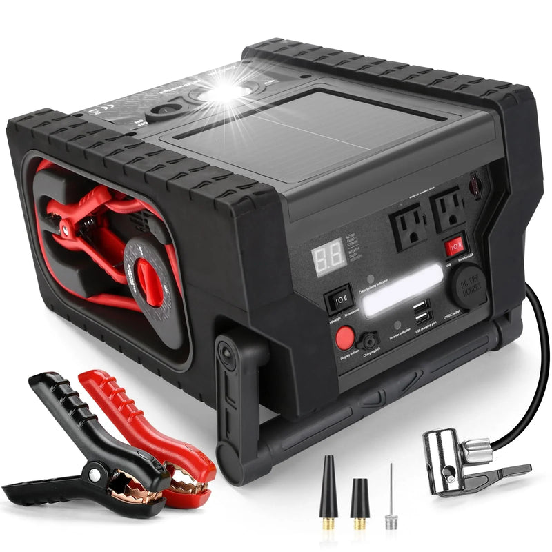 Solar Portable Power Station 2000 Amps Jump Starter, 260 PSI Air Compressor, 12V Car Battery Charger with 400W Inverter Dual AC/DC/USB Output, Emergency Backup Power with Flashlights G4