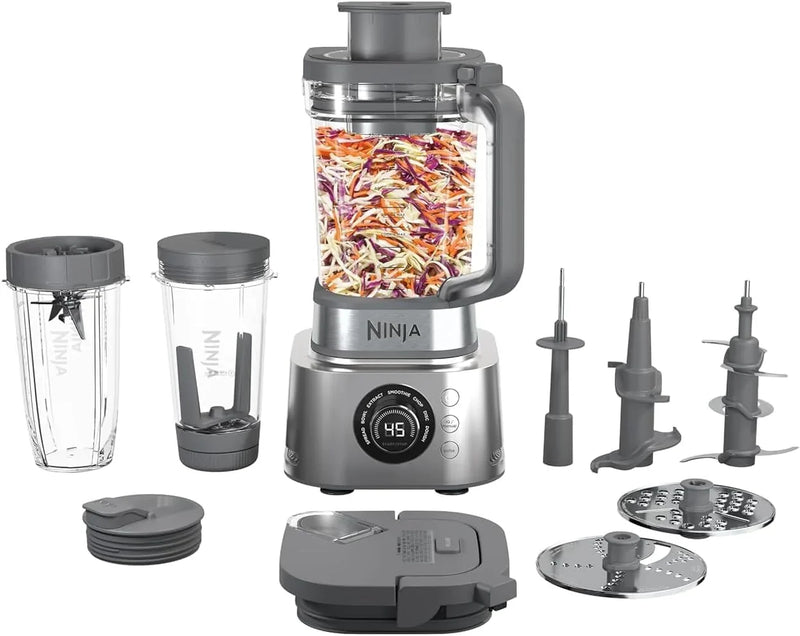 Blender and food processor combination set, Foodi powerful blender system, suitable for making smoothies, bowl foods, spreads and milkshakes, with 6 functions, 72-ounce water jug, portable cup, silver color, SS401 model. O0