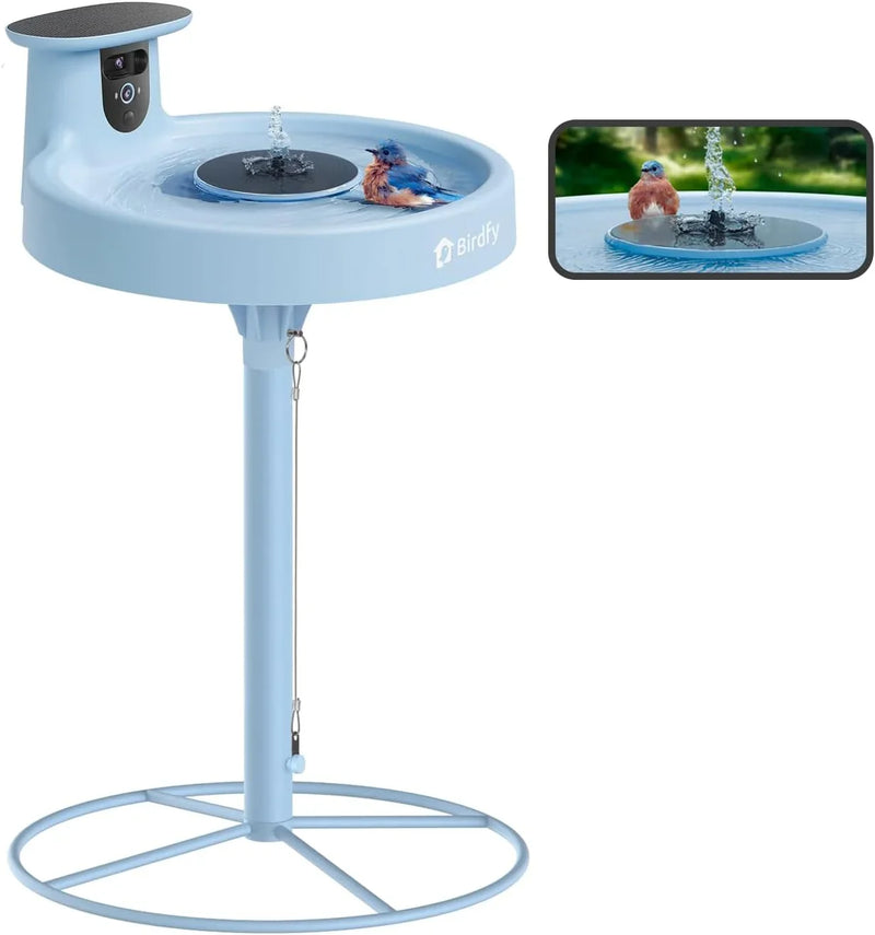 Smart Bird Bath, equipped with a camera, solar power supply, fountain and stand. It features a dual-lens camera for bird observation, automatically captures bird videos and has motion detection functionality. C3
