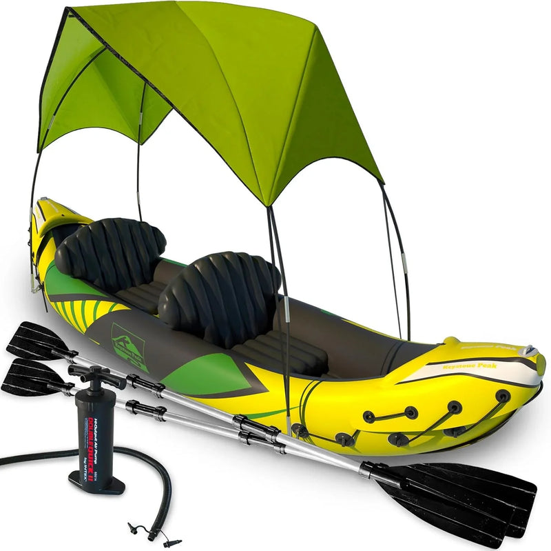 Inflatable Kayak 2 Person with Sun Canopy (Detachable) Kayaks for Adults 3rd Seat for Dog/Child Waterproof Phone Bags Adjustable Seats Kayak Backrests & More New 2024 Yellow Green Q0