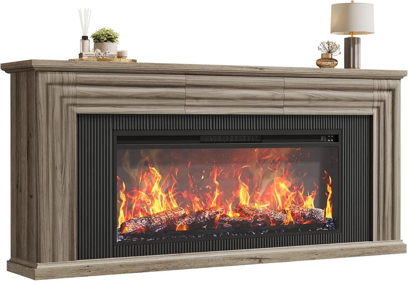 75-inch wall-mounted TV cabinet, rustic modern entertainment center with fireplace, 70-inch media cabinet with 3 drawers, featuring a recessed design, suitable for the living room, black version I7