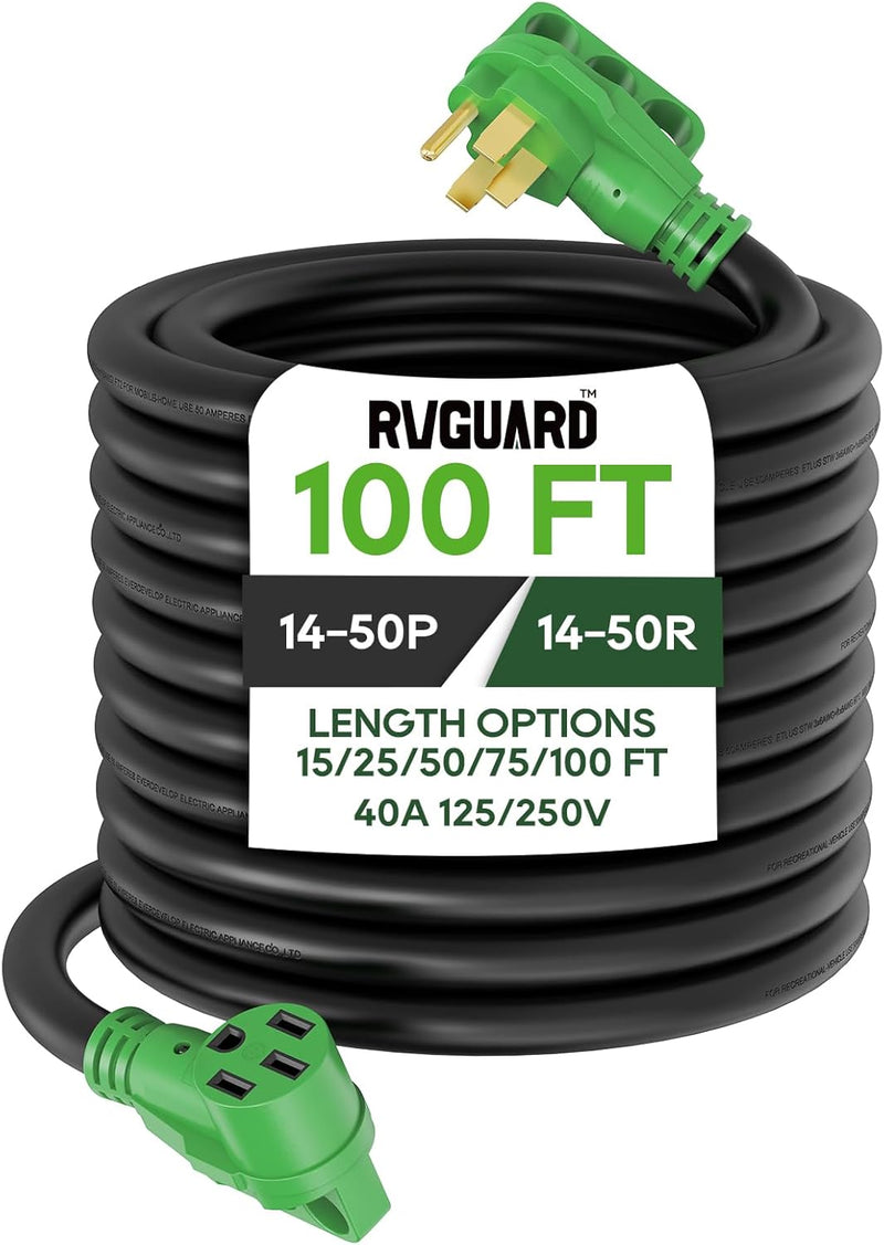 40 Amp 100 Foot RV/EV Extension Cord, NEMA 14-50P/R Heavy Duty Extension Cord with LED Power Indicator and Cord Organizer, Green, Z0