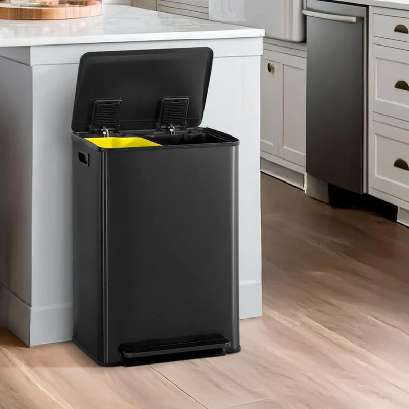 CAPHAUS Dual Trash Can with Double Lid, Trash and Recycle Bins Combo, Hands-free Stainless-Steel Garbage Can for Kitchen, with 2 Compartment, Hinged Lid, Odor Filters, Handles, 25L 25L, 2 x 6.6 Gallon D3