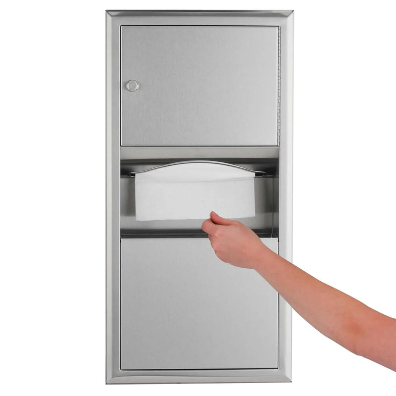Wall-mounted tissue dispenser and waste paper storage box. Mirror-polished stainless steel material. 2-gallon capacity. Can hold 350 single-layer or 475 multi-layer tissues. Easy to install. Suitable for commercial bathrooms. M3