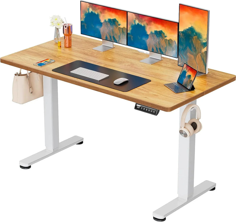 Height Adjustable Electric Standing Desk, 40 x 24 Inches Sit Stand up Desk, Small Memory Computer Home Office Desk with Two-Piece Desktop (Light Vintage Brown) M1