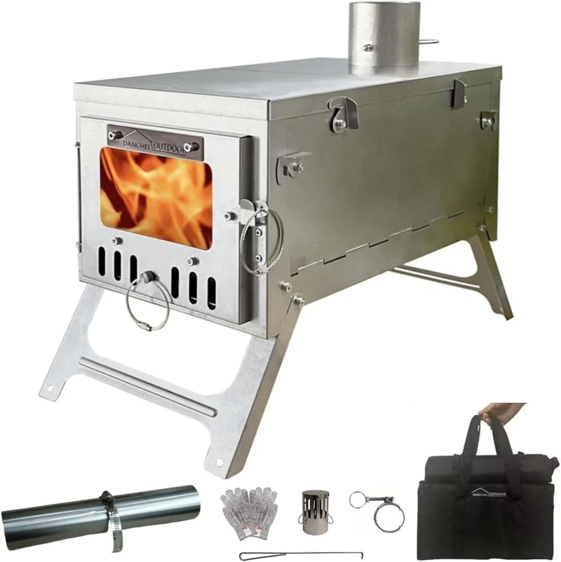 Titanium alloy tent wood stove for camping, 2 kilograms, foldable, lightweight and compact portable heat tent stove, comes with a 2.2-meter chimney, suitable for winter backpacking camping. B4