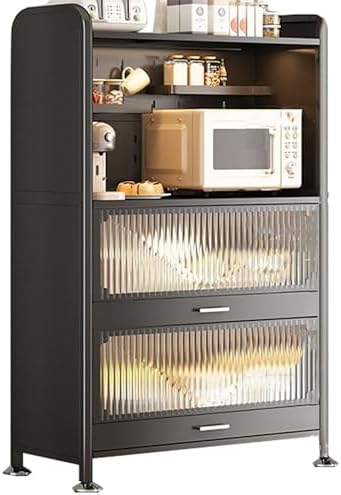 Wall Mounted Pegboard & Microwave Storage Rack - 4/5-Tier Kitchen Baker's Rack with Flip Dual Door Cabinet & Metal Shelves for Small Appliances & Kitchen Organization C8