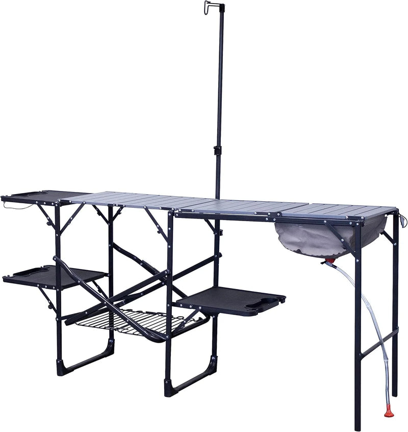 Outdoor chef station | Portable folding kitchen table, equipped with a soft-shell sink, heat-resistant tabletop and telescopic lamp pole, ideal for camping trips O3