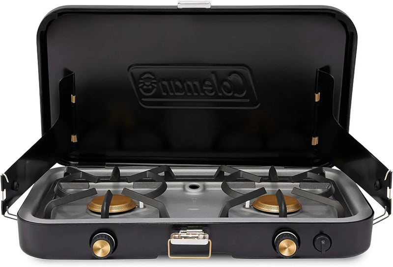 The 1900 series three-in-one propane camping stove, featuring a cast iron grill and frying pan accessories, has a power output of 24000 watts. It is equipped with an adjustable flame cover and excellent lighting device, and comes with two adjustable X0
