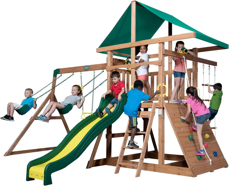 Mount Mckinley Cedar Wood Swing Set with Wave Slide, Play Deck, Double Rock Wall, Rope Ladder, Web Swing, Belt Swings, Toy Telescope, Steering Wheel, Sandbox Area, Outdoor Playset E8