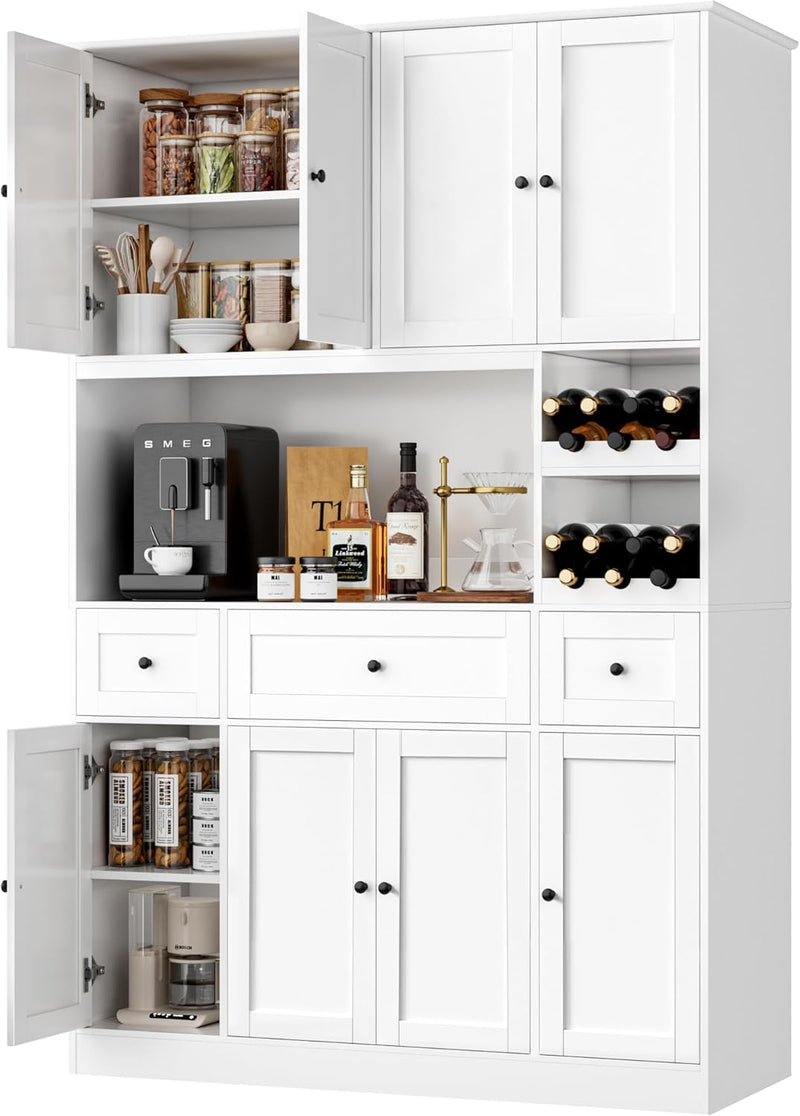 72" Tall Kitchen Pantry with Wine Rack, Pantry Cabinet with Microwave Stand, Large Hutch with Ample Storage, Hutch Cabinet for Kitchen, Dining, Living Room, White M9