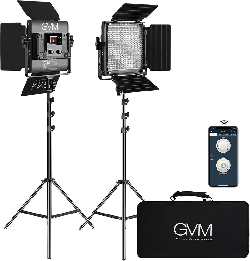 2 Pack LED Video Lighting Kits with APP Control, Bi-Color Variable 2300K~6800K with Digital Display Brightness of 10~100% for Video Photography, CRI97 TLCI97 Led Video Light Panel Barndoor S0