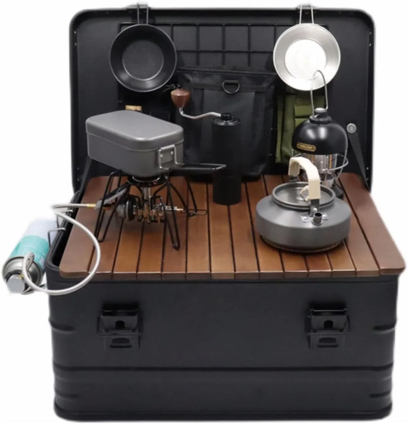 Camping box - Waterproof outdoor metal storage box, 47 liters, portable RV box, equipped with a wooden table and a set of 3 storage bags, large capacity storage box F5