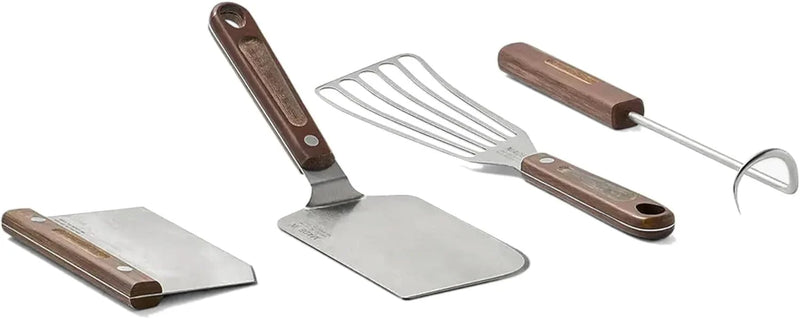 4-piece frying pan set - includes frying pan spatula, workbench scraper, fish spatula and pigtail flipper - brown linen micro-carbon fiber handle M7
