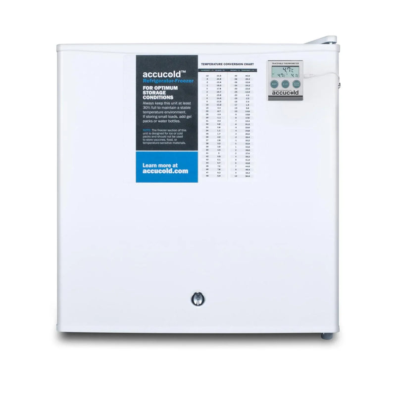 Compact refrigerator freezer, suitable for general use, with a white appearance, equipped with a NIST calibrated thermometer, manual defrosting device, hospital-grade power cord and front locking mechanism. C9