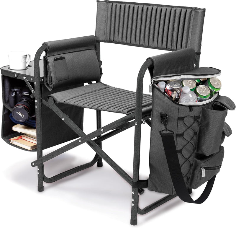 The "Picnic Time" brand's outdoor folding chairs with a unique design feature a grey base and a black frame. The dimensions are 33 x 7 x 21. M0