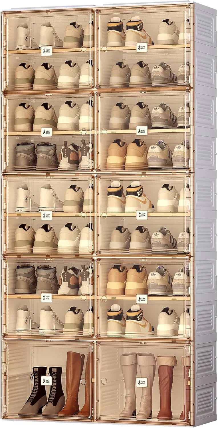 Portable shoe rack organizer, suitable for the entrance of the closet, stackable storage cabinet for sports shoes, shoe cabinet with magnetic transparent doors, large plastic storage container box (with lid), with 5 layers, can hold 20 pairs of shoes J5