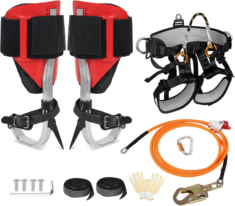 Tree Climbing Spikes Set for Tree Work, Adjustable Tree Climbing Gear with Safety Seat for Tree Climbing and 10FT Steel Wire Core Flip Line Kit for Outdoor Jungle Survival Fruit Picking R4