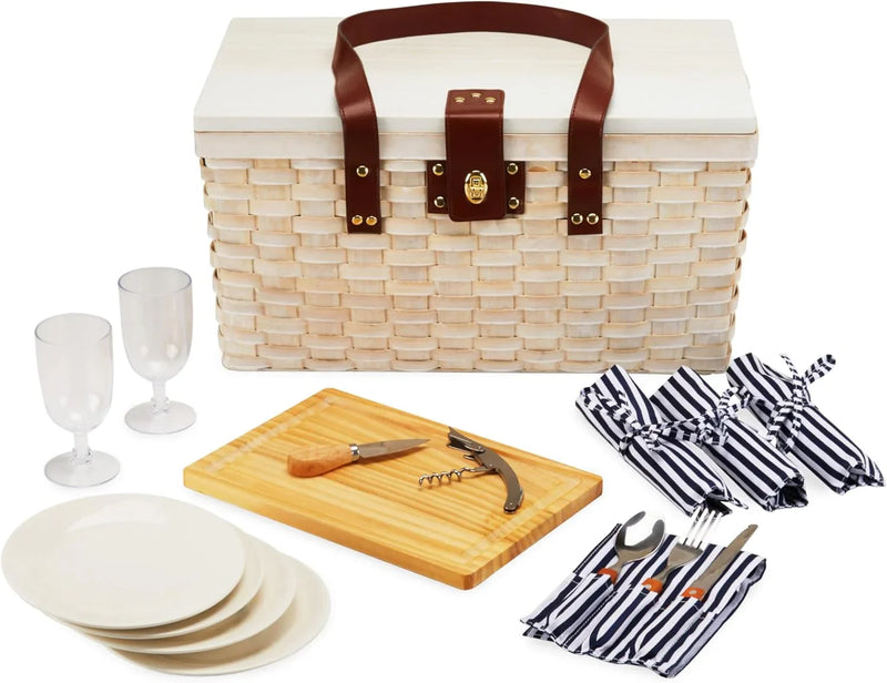 Outdoor picnic basket (with lid and handle), four-person picnic basket (including accessories) picnic equipment set (28-piece set) K0