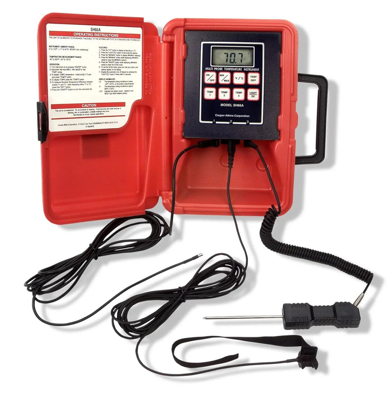 A thermoresistance thermometer with a liquid crystal display, in a red color, with a temperature range of -40°F to 300°F. V2