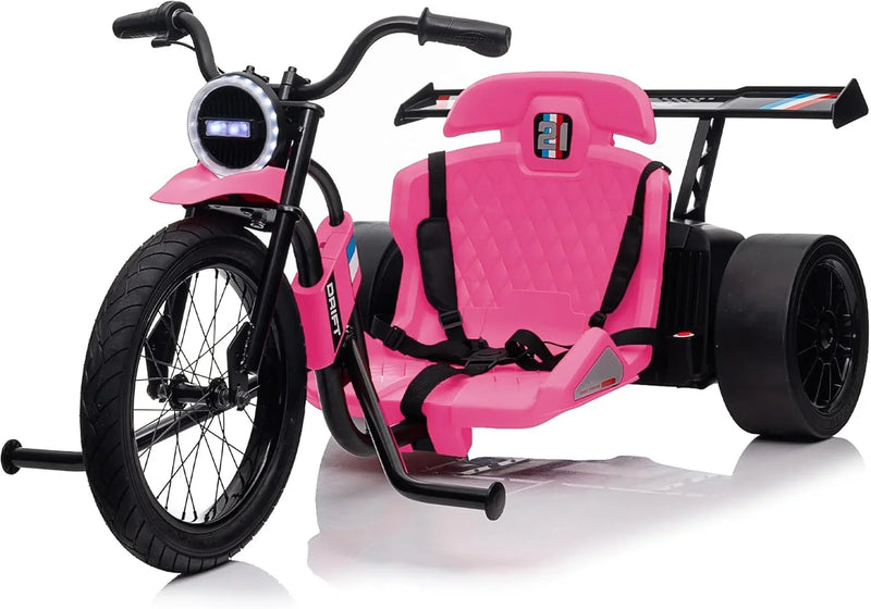 Children's electric drift tricycle, three-wheel electric drifting bicycle, equipped with LED lights, 16-inch inflatable tires, battery-powered, suitable for boys and girls aged 8 and above, outdoor electric driving vehicle (black) B2