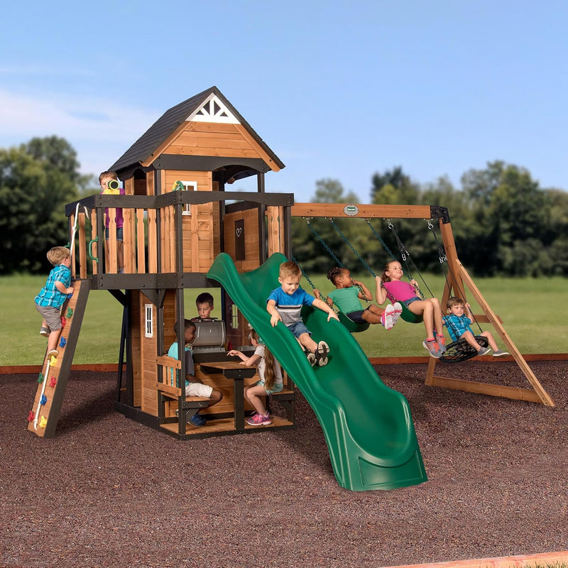 Canyon Creek Cedar Wood Swing Set with Wave Slide, Clubhouse, Play Kitchen, Picnic Area, Belt Swings, Web Swing, Rock Wall, Balconies, Playhouse, Step Ladder, Outdoor Playset D3