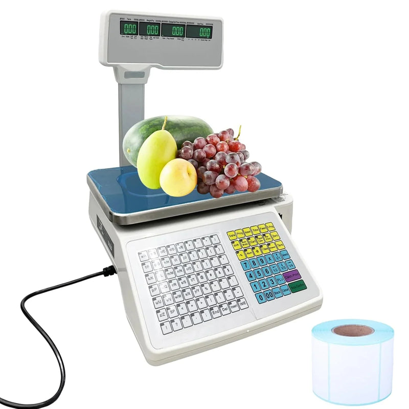 Commercial digital scale, equipped with thermal printer, 4 window vertical double-sided LCD display, capable of printing labels, maximum load capacity of 66 pounds, 110 volts, portable, suitable for storage areas, restaurants, bakeries C6