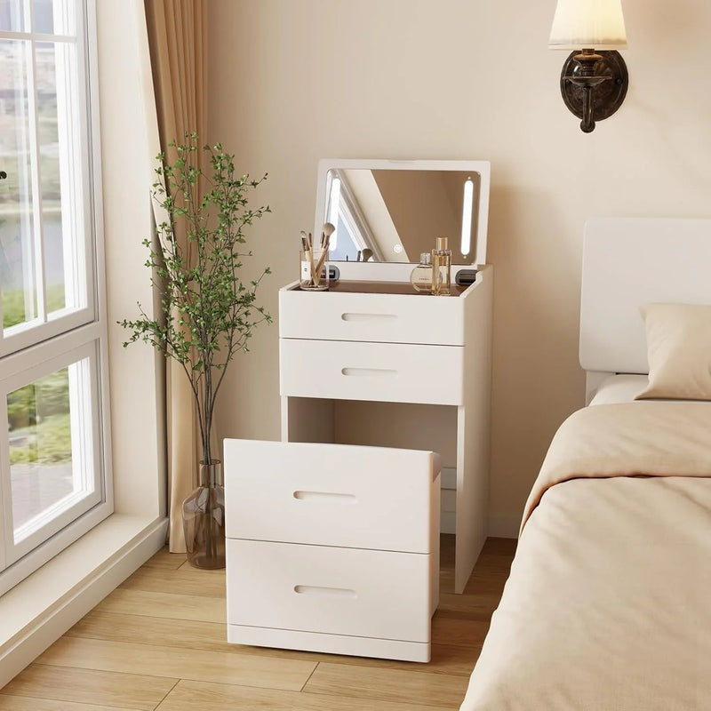 Solid Wood 3 in 1 Vanity Desk with Flip Top Mirror, No Assembly, Compact Vanity with Hidden Chair, Small Makeup Vanity Set with Power Outlet, Dressing Table for Bedroom, White C4