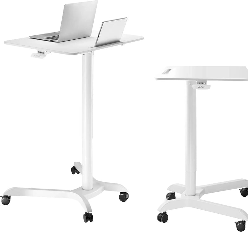 Portable laptop desk cart (3 feet 8 inches) - Mobile rolling desk - Computer projector cart - Adjustable height foldable mobile folding table - White mobile frame with brake wheels W2