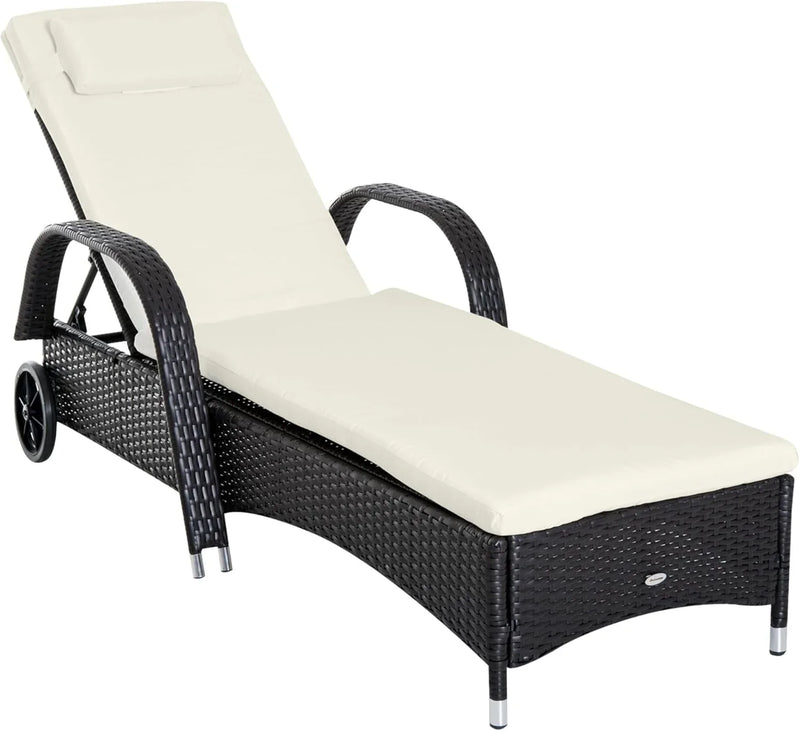 Wicker Outdoor Chaise Lounge, 5-Level Adjustable Backrest PE Rattan Pool Lounge Chair with Wheels, Cushion & Headrest, Brown and Dark Blue D6