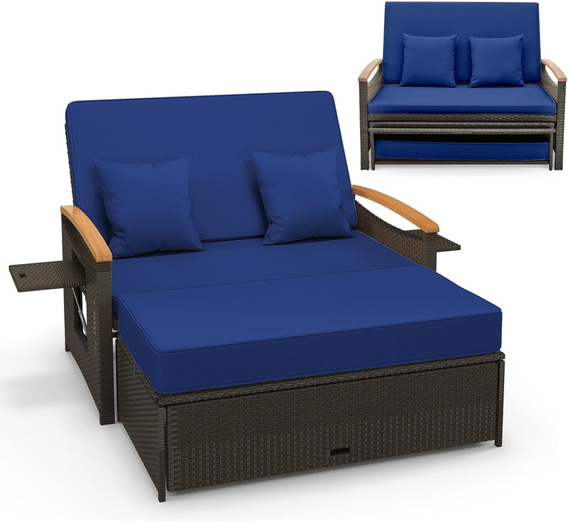 Moccha Outdoor Wicker Daybed, Patio Rattan Loveseat Sofa w/ 4-Level Adjustable Backrest, Folding Panels, Storage Ottoman & Cushions, Lounge Furniture Set for Poolside Backyard Porch (Beige) P1