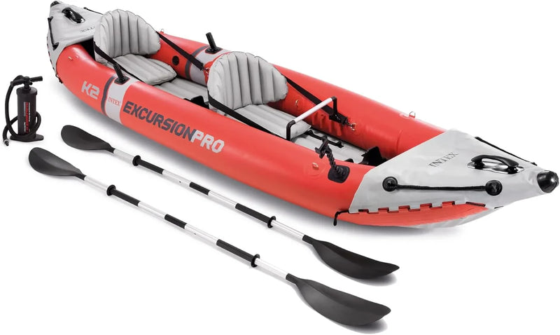 68309EP Excursion Pro K2 Inflatable Kayak Set: Includes Deluxe 86in Kayak Paddles and High-Output Pump – SuperTough PVC – Adjustable Bucket Seat – 2-Person – 400lb Weight Capacity G2
