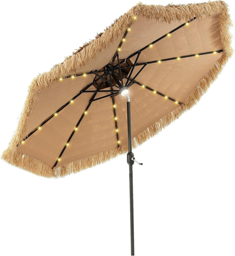 Mud-cloth style ti-ki courtyard shade umbrella - Two-layer Hawaiian lei-style inclined beach shade umbrella, equipped with 33 LED lights, 8 umbrella ribs and a rotatable lifting device, solar-powered lawn-type courtyard shade umbrella, tropical palm F2