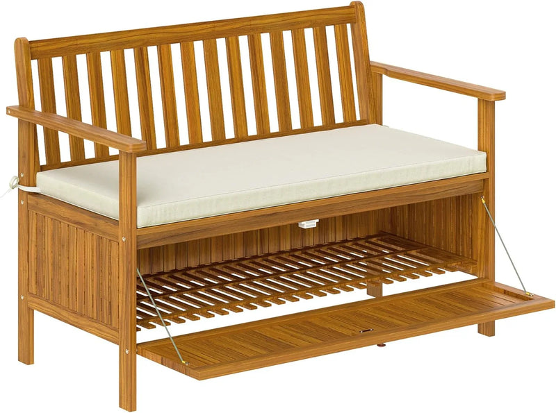 Outdoor bench with storage box, 28-gallon outdoor storage bench, garden seat made of rosewood with cushion, suitable for parks, balconies, and terraces, double-person outdoor furniture, made of teak material S6